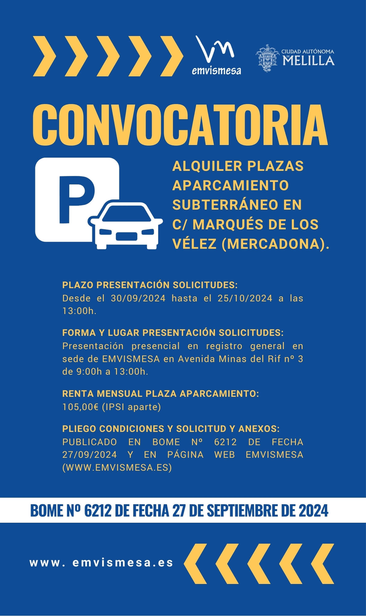 Cartel Campaa Convocatoria alquiler plazas aparcamiento subterrneo en Calle Marqus de los Vlez