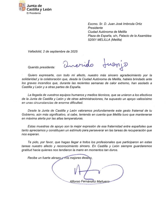 WEB EL PRESIDENTE DE CASTILLA Y LE�N AGRADECE POR CARTA LA COLABORACI�N DE LA CIUDAD DURANTE LOS INCENDIOS