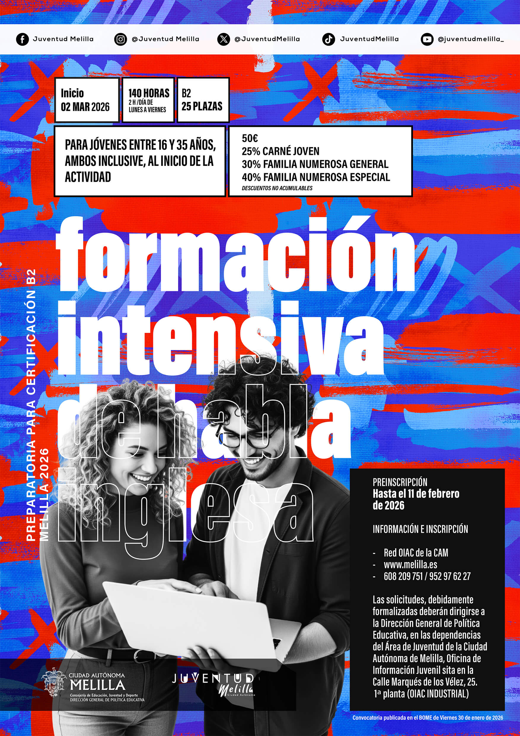 Convocatoria de formaci�n intensiva de habla inglesa preparatoria para la certificaci�n B2, Melilla 2026