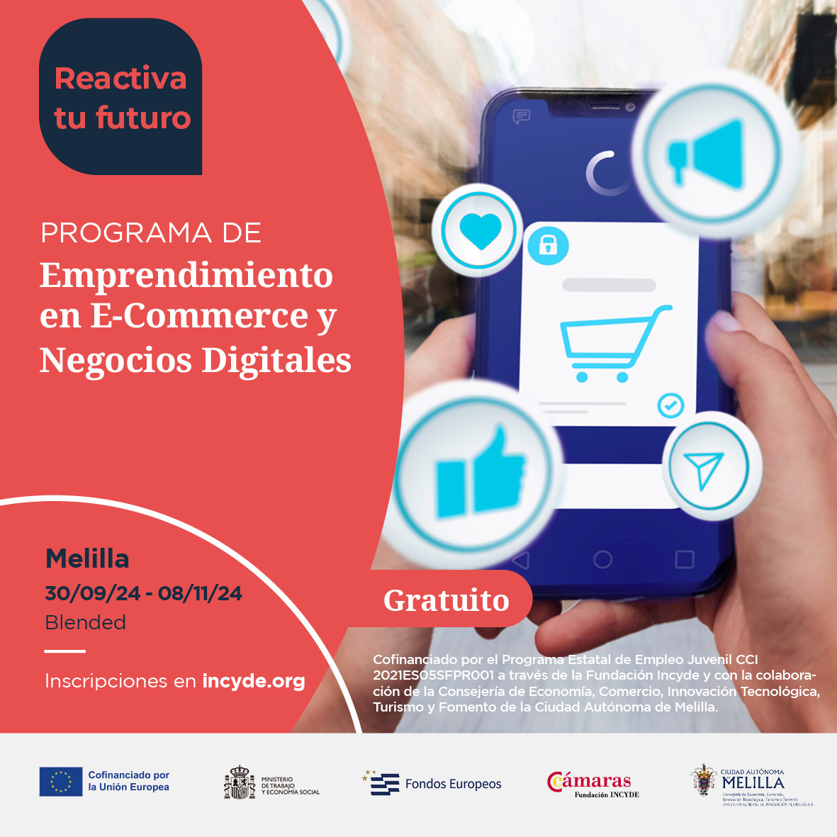 Cartel Reactiva tu Futuro: Emprendimiento en E-Commerce y Negocios Digitales