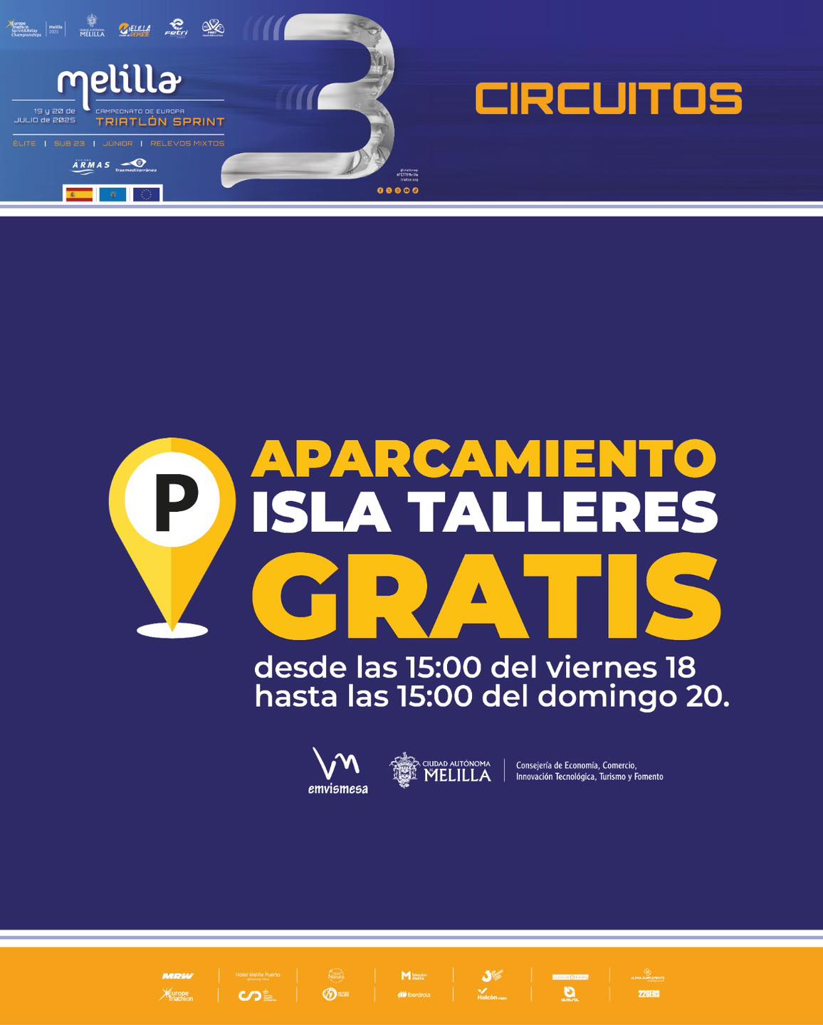 CARTEL Aparcamiento gratuito en Parking Isla Talleres por el Campeonato de Europa de Triatln