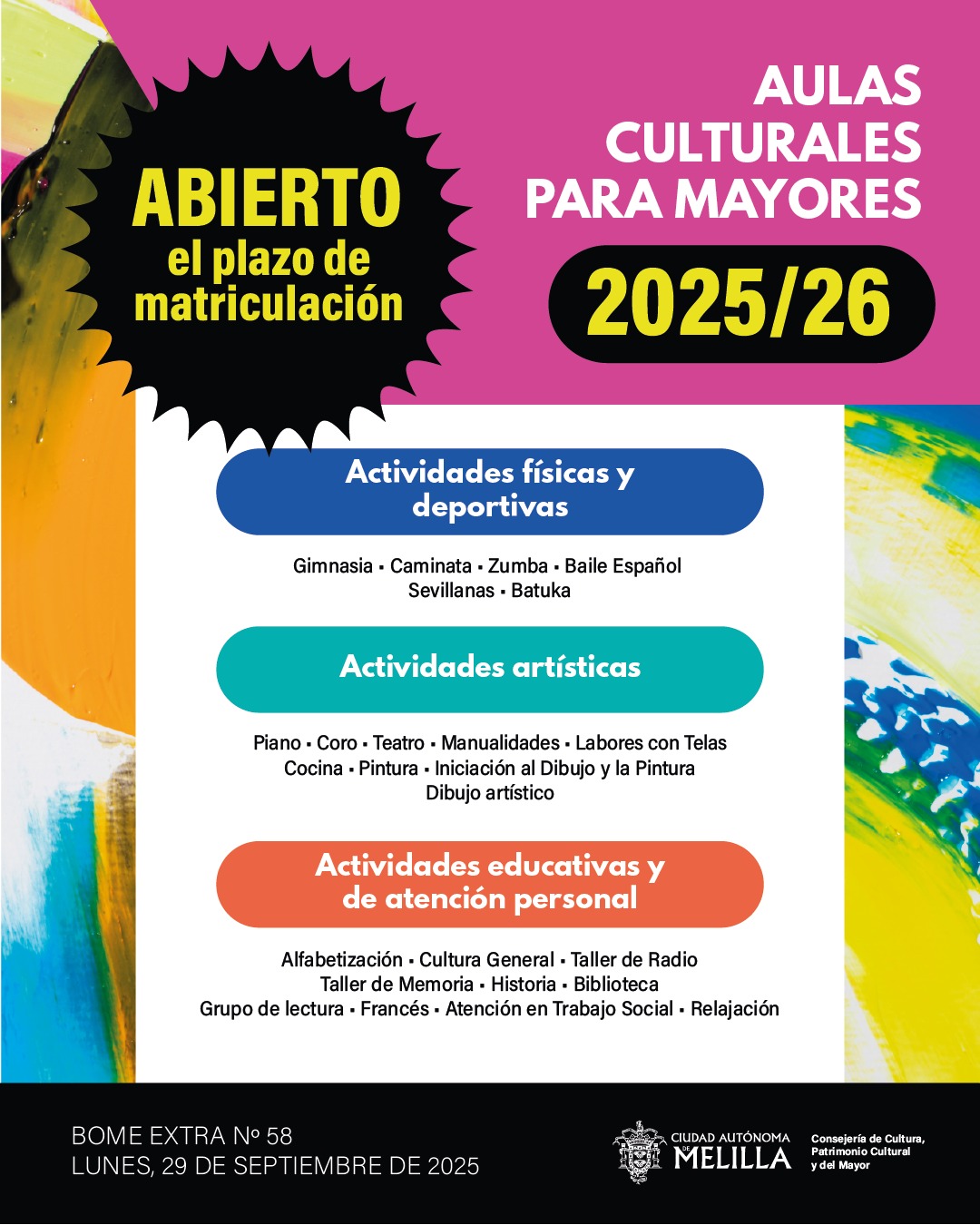 Apertura del plazo de matriculacin en los talleres de aulas culturales para mayores, perodo 2025-2026 de la Consejera de Cultura, Patrimonio Cultural y del Mayor