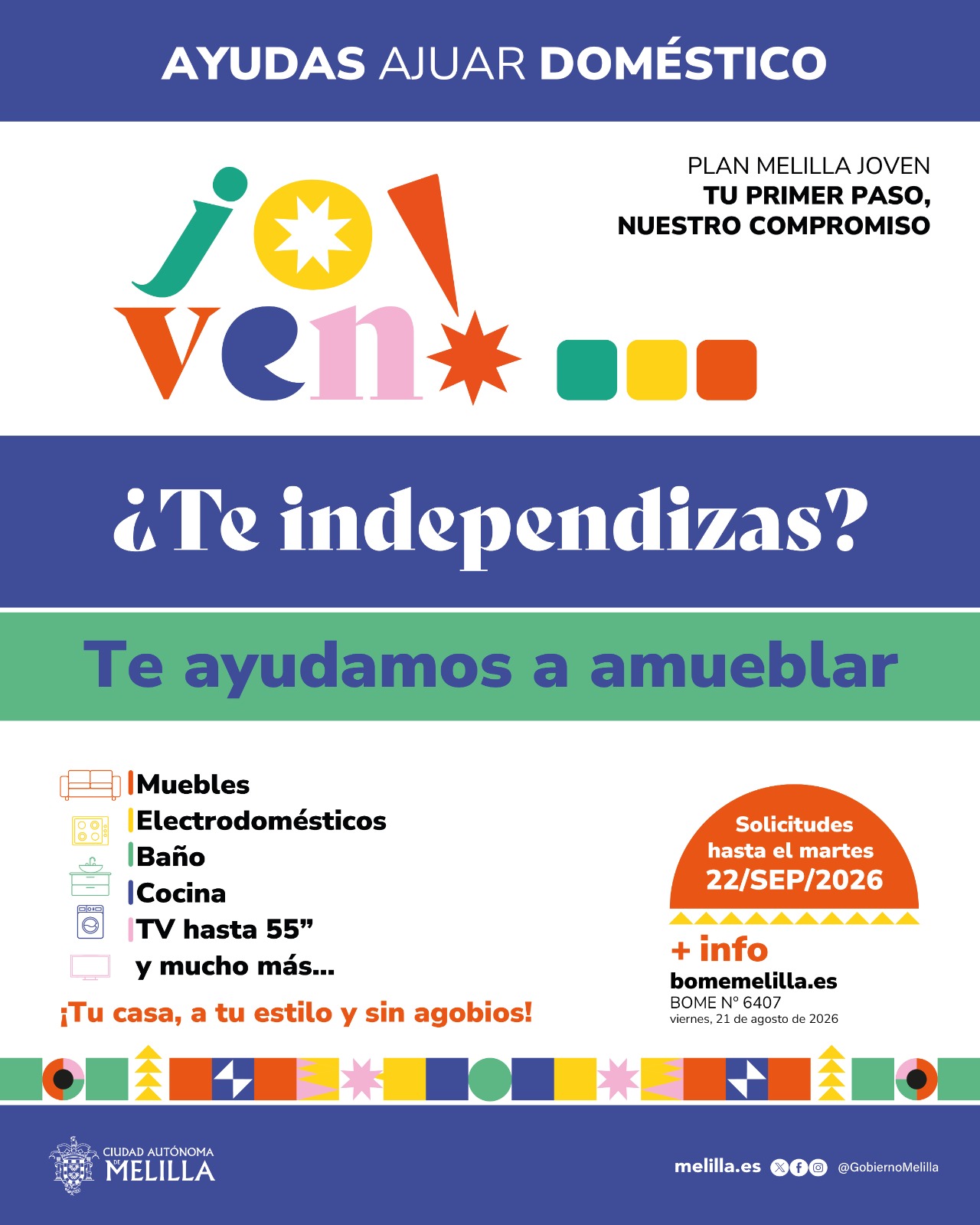 Convocatoria para la concesi�n, en r�gimen de concesi�n directa en concurrencia no competitiva, de subvenciones destinadas a la reposici�n del ajuar dom�stico, dirigidas a j�venes de la Ciudad Aut�noma de Melilla, para el a�o 2026