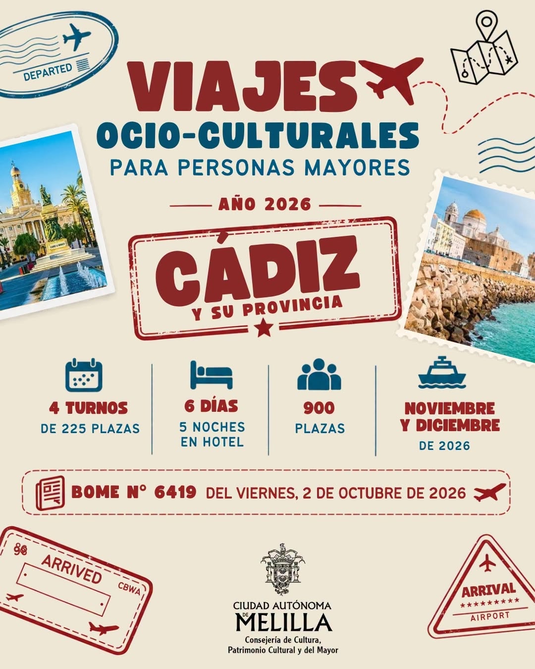Cartel Convocatoria p�blica para la concesi�n, en r�gimen de concurrencia competitiva, de las plazas de Viajes Ocio-Culturales para personas mayores, a�o 2026