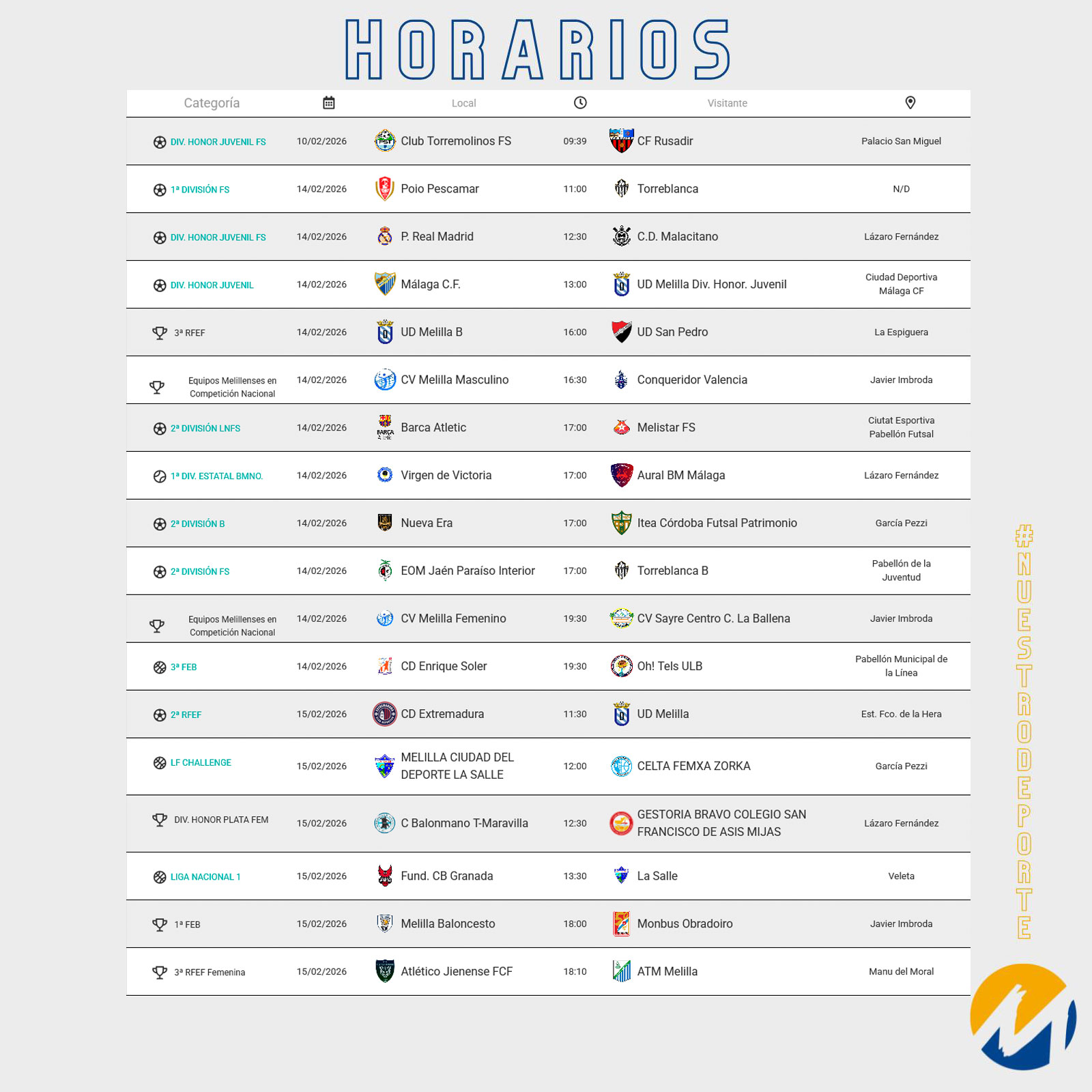 Horarios de eventos deportivos - Melilla Ciudad del Deporte