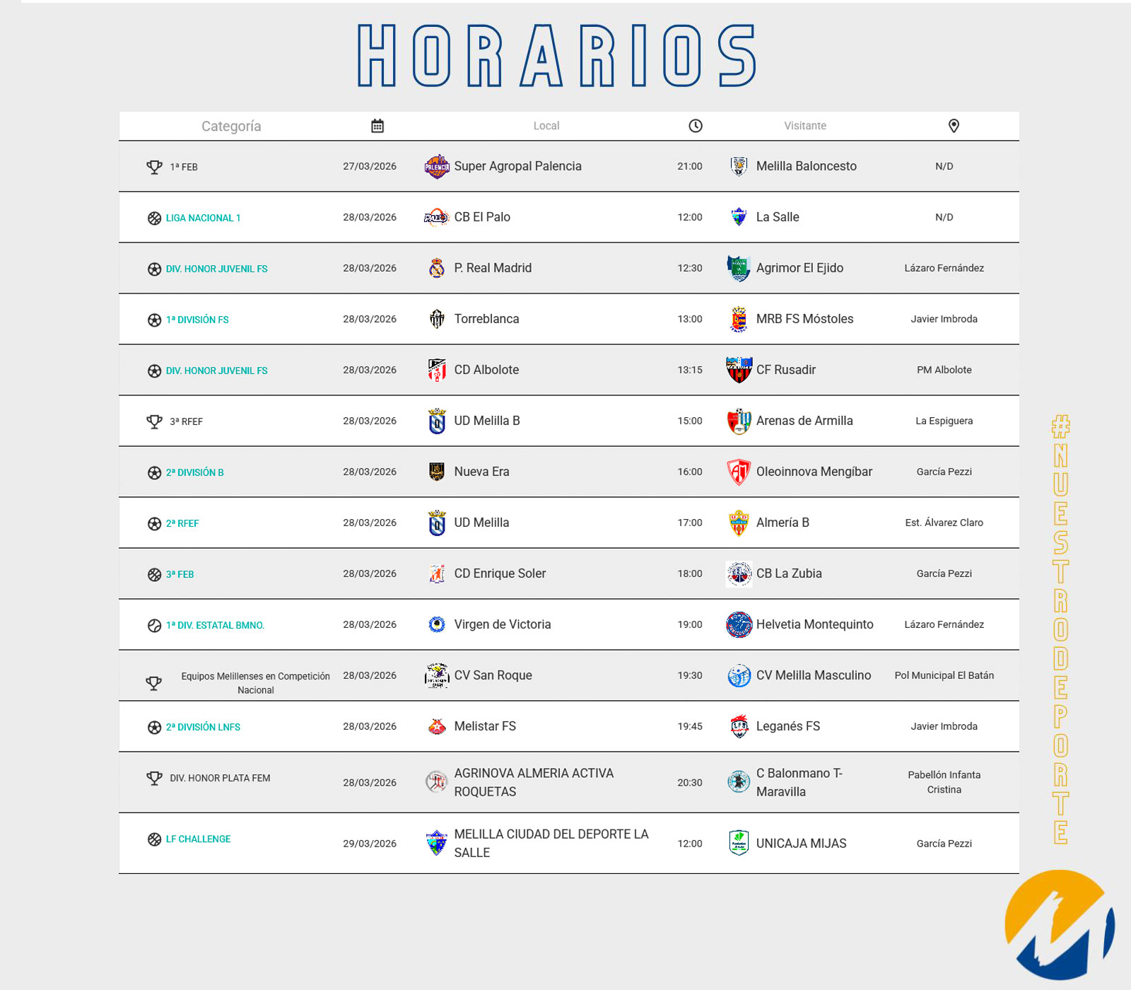 Horarios de eventos deportivos - Melilla Ciudad del Deporte